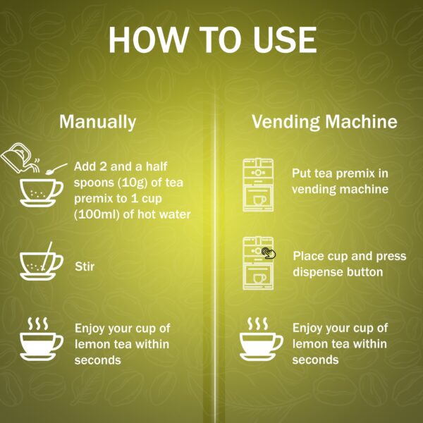 Instructions on how to use AMAZON Instacup Lemon Tea Powder manually and with vending machine
