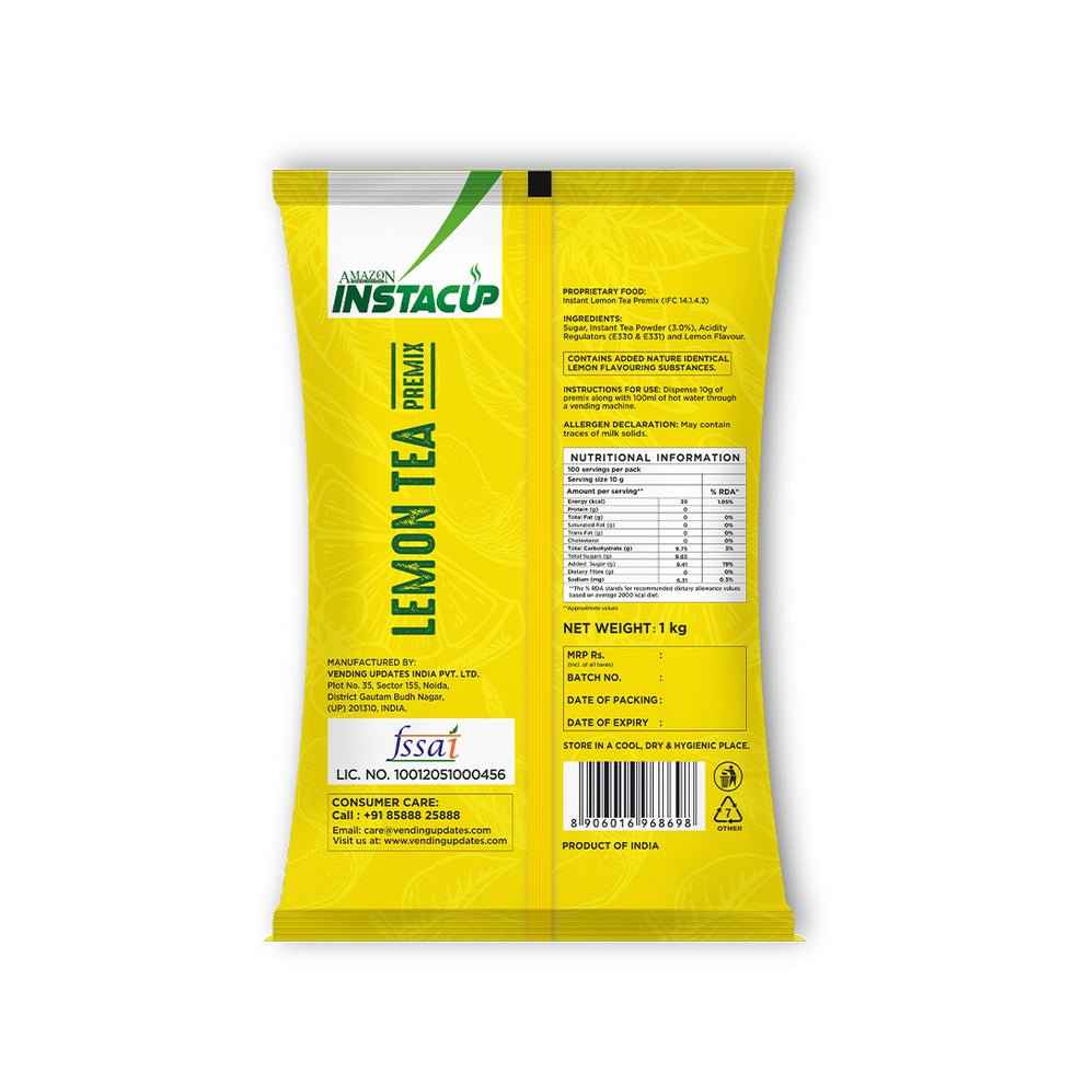 AMAZON Instacup Lemon Tea Powder 1kg yellow sachet pack with nutritional information
