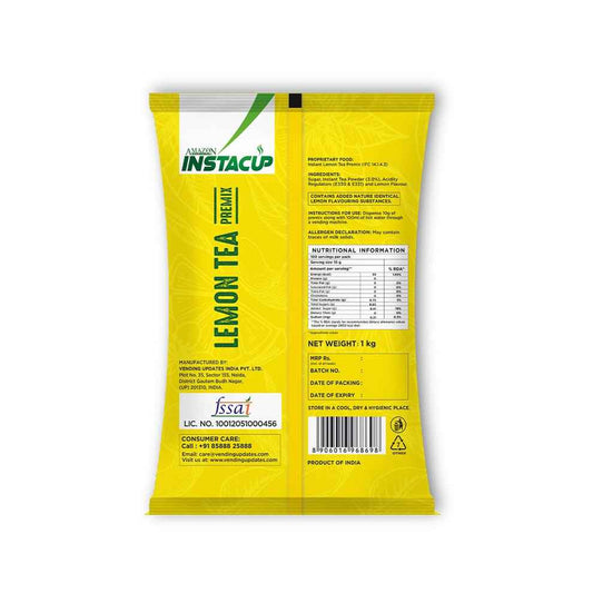 AMAZON Instacup Lemon Tea Powder 1kg yellow sachet pack with nutritional information