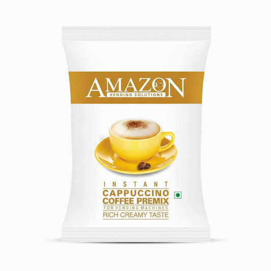 Amazon instant cappuccino powder packet with yellow cup of creamy cappuccino and coffee beans