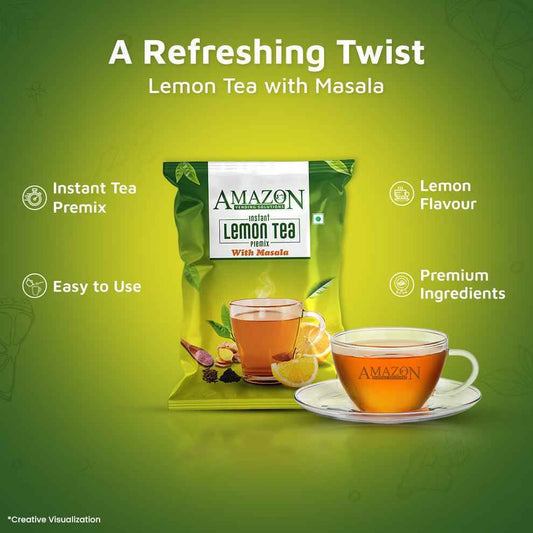 Amazon Instant Lemon Masala Tea Powder Premix pack with a cup of brewed lemon masala tea and lemon slices