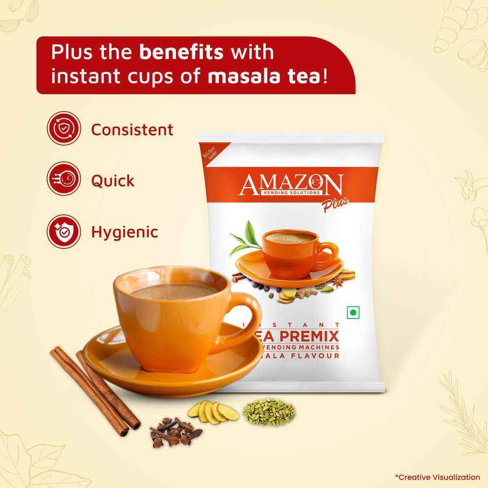 Amazon instant masala chai premix package with a cup of masala tea and spices cinnamon cardamom cloves