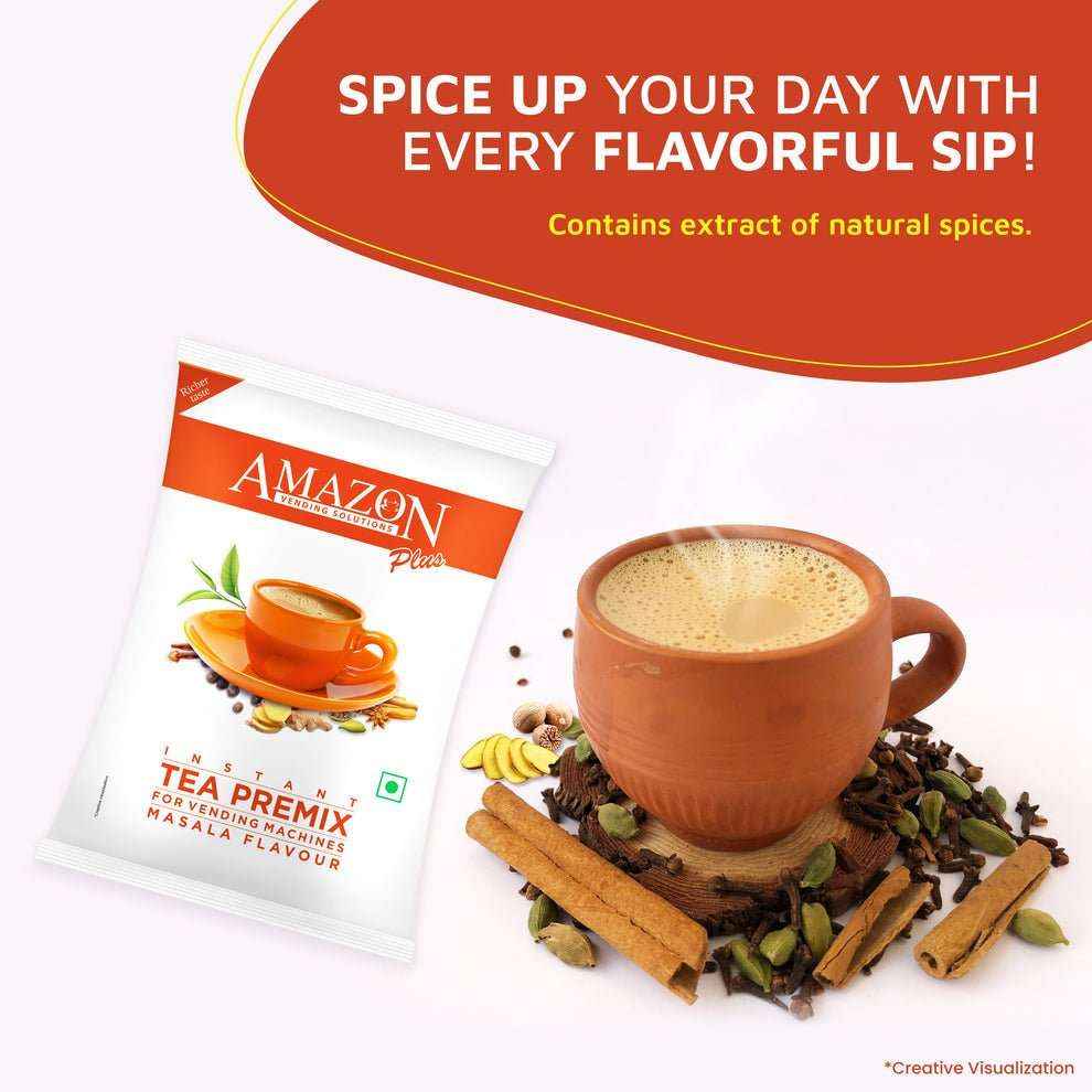 Instant masala chai premix packet and a cup of frothy masala chai with spices around it