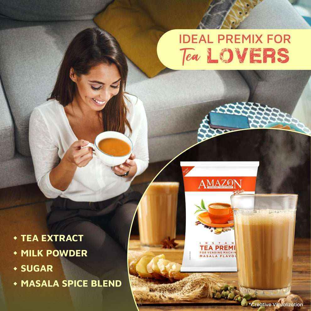 Instant masala chai premix package with glass of chai and woman enjoying tea in cozy living room