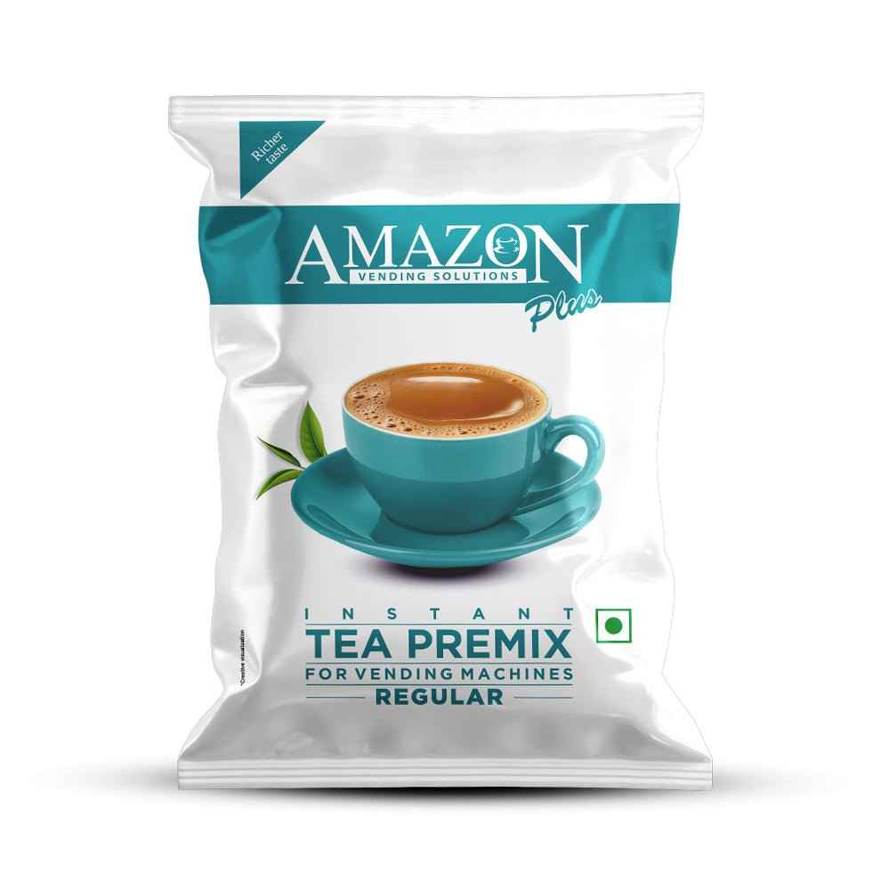 Amazon Plus regular tea premix 1kg pack with image of a teal cup and saucer filled with tea
