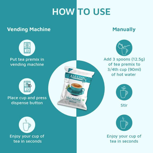 Instructions showing how to use Amazon Plus regular tea premix 1kg with vending machine or manually