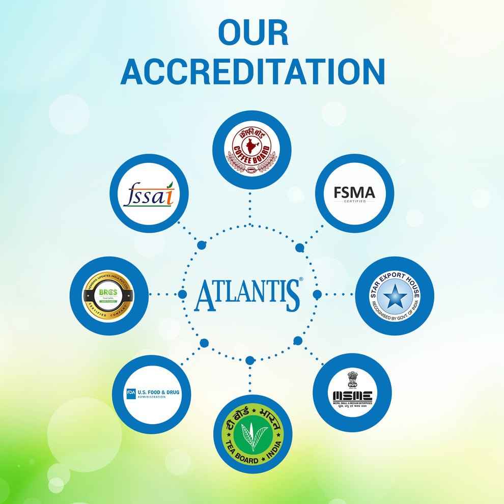 Accreditation logos for Atlantis tea coffee vending service including FSMA FSSAI and USDA certifications
