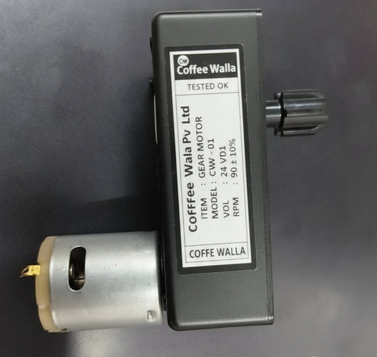 Coffee Walla gear motor with label showing model and specifications for Amazon tea premix Noida