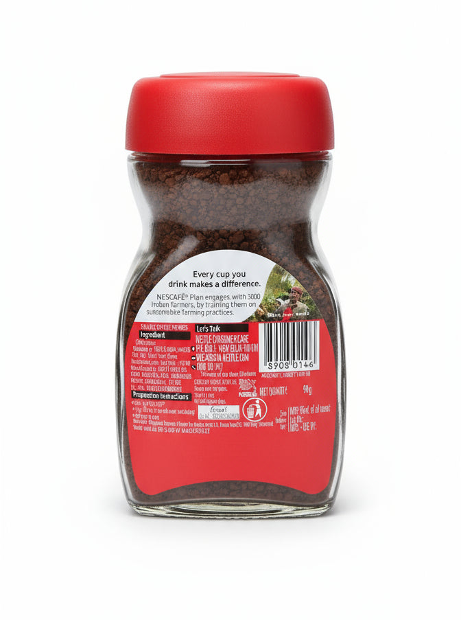 Back view of a glass jar filled with instant coffee granules with a red lid featuring detailed label information for Amazon vending coffee Noida