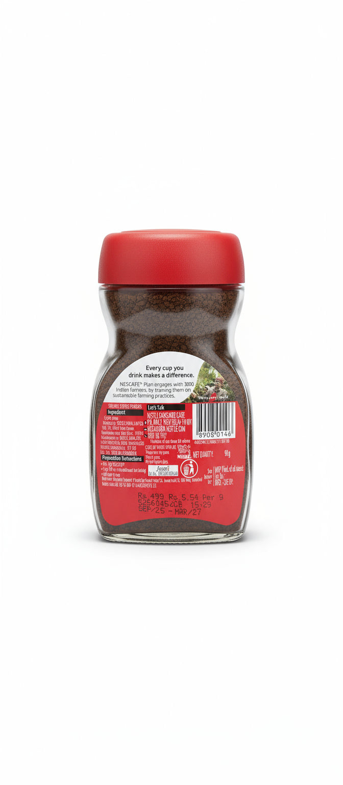 Glass jar of instant coffee with red lid showing label including barcode for Amazon vending coffee Noida