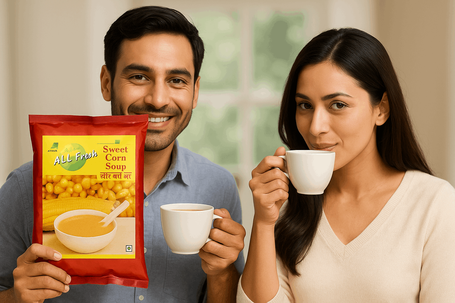 Smiling man holding sweet corn soup 1kg packet while both man and woman enjoy hot drinks
