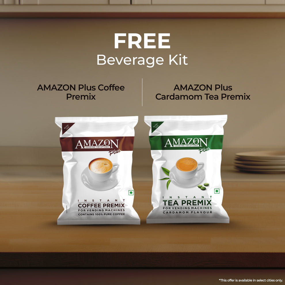 Atlantis Classic 2-lane tea and coffee vending machine promotional image with free Amazon Plus coffee and cardamom tea premix beverage kits