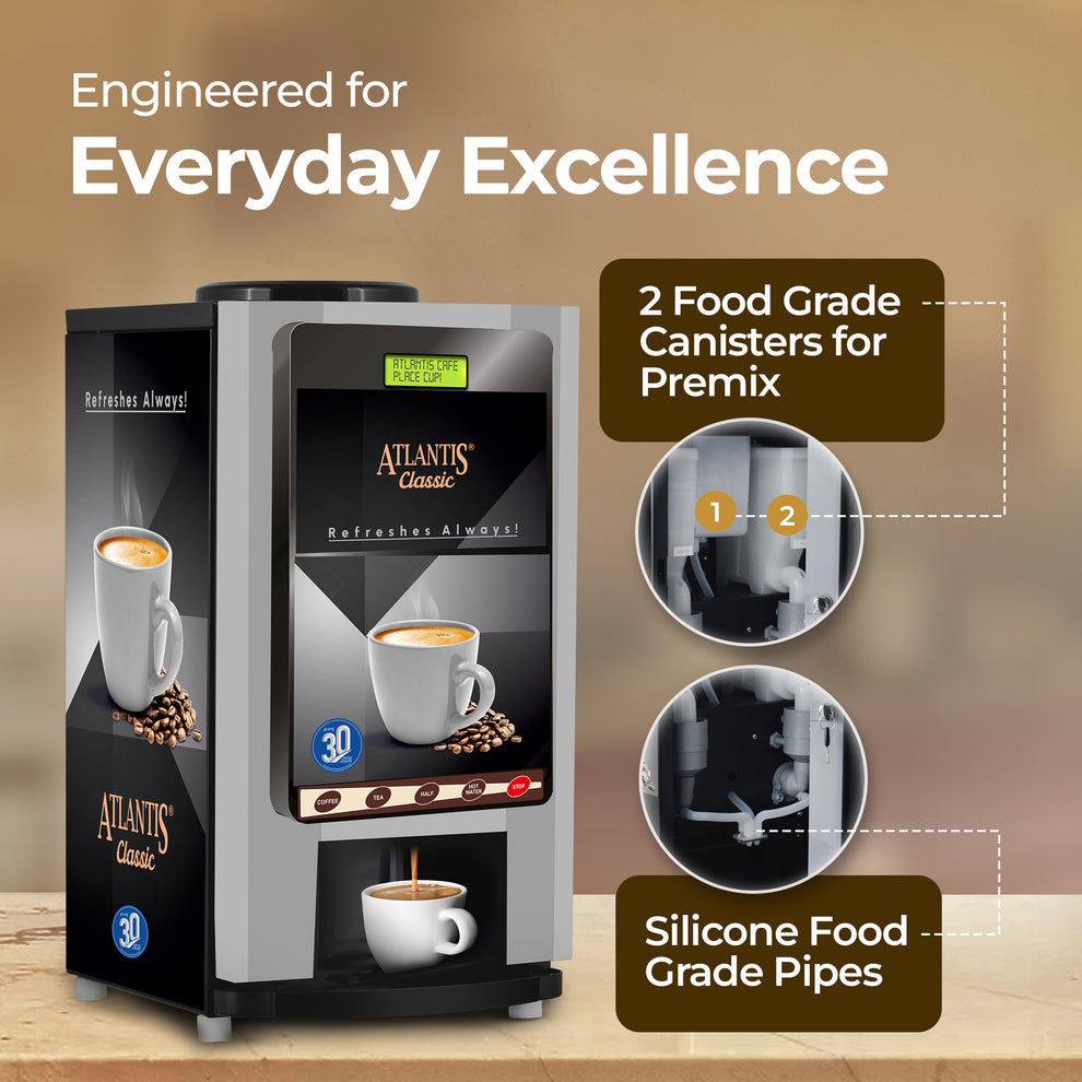Atlantis Classic 2-lane tea and coffee vending machine with food grade canisters and silicone pipes