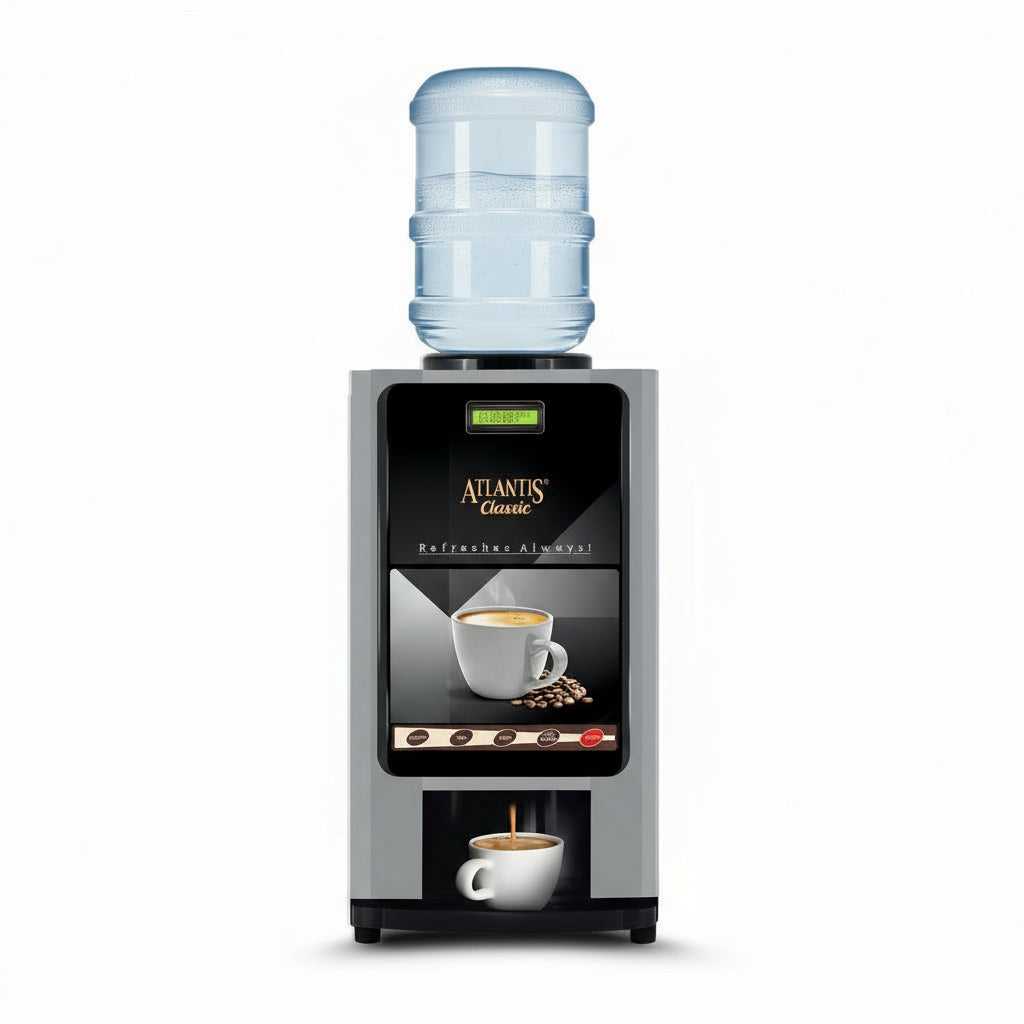 COFFEE WALLA Atlantis Classic 2-lane tea and coffee vending machine with water bottle on top and dispensing coffee