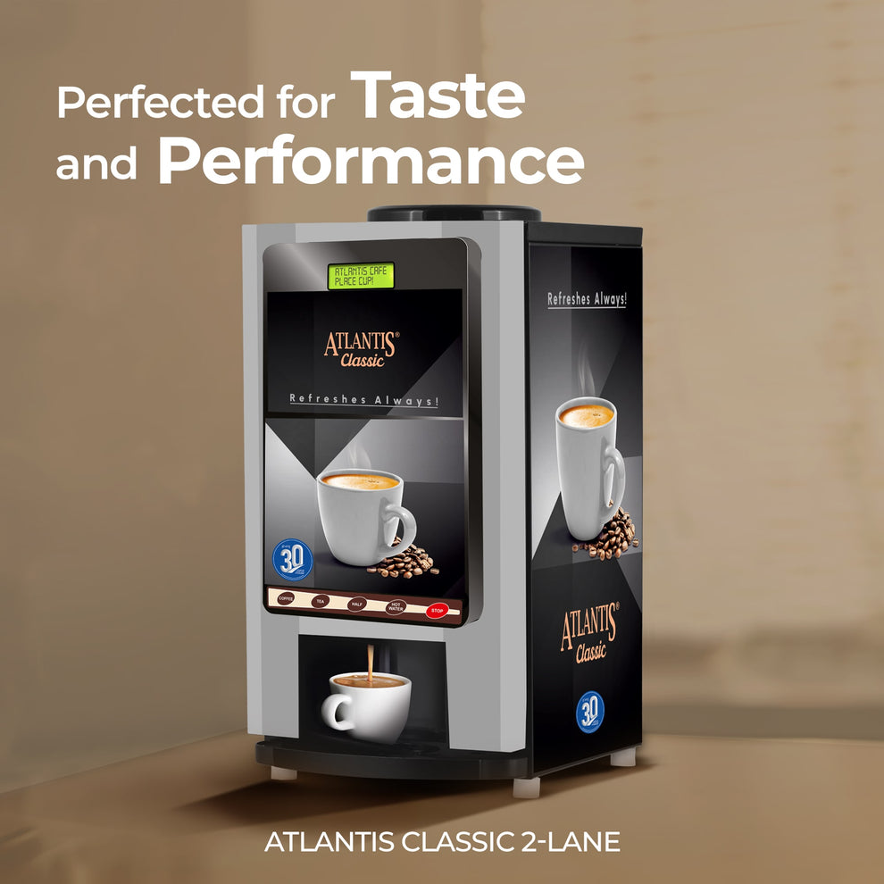 COFFEE WALLA Atlantis Classic 2-lane tea and coffee vending machine with dual dispensing lanes and digital display