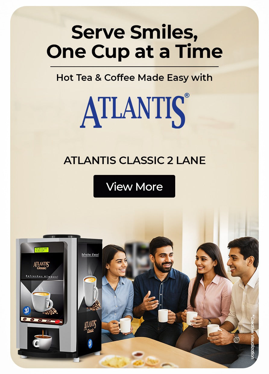 Atlantis Classic 2-lane tea and coffee vending machine with people enjoying hot beverages