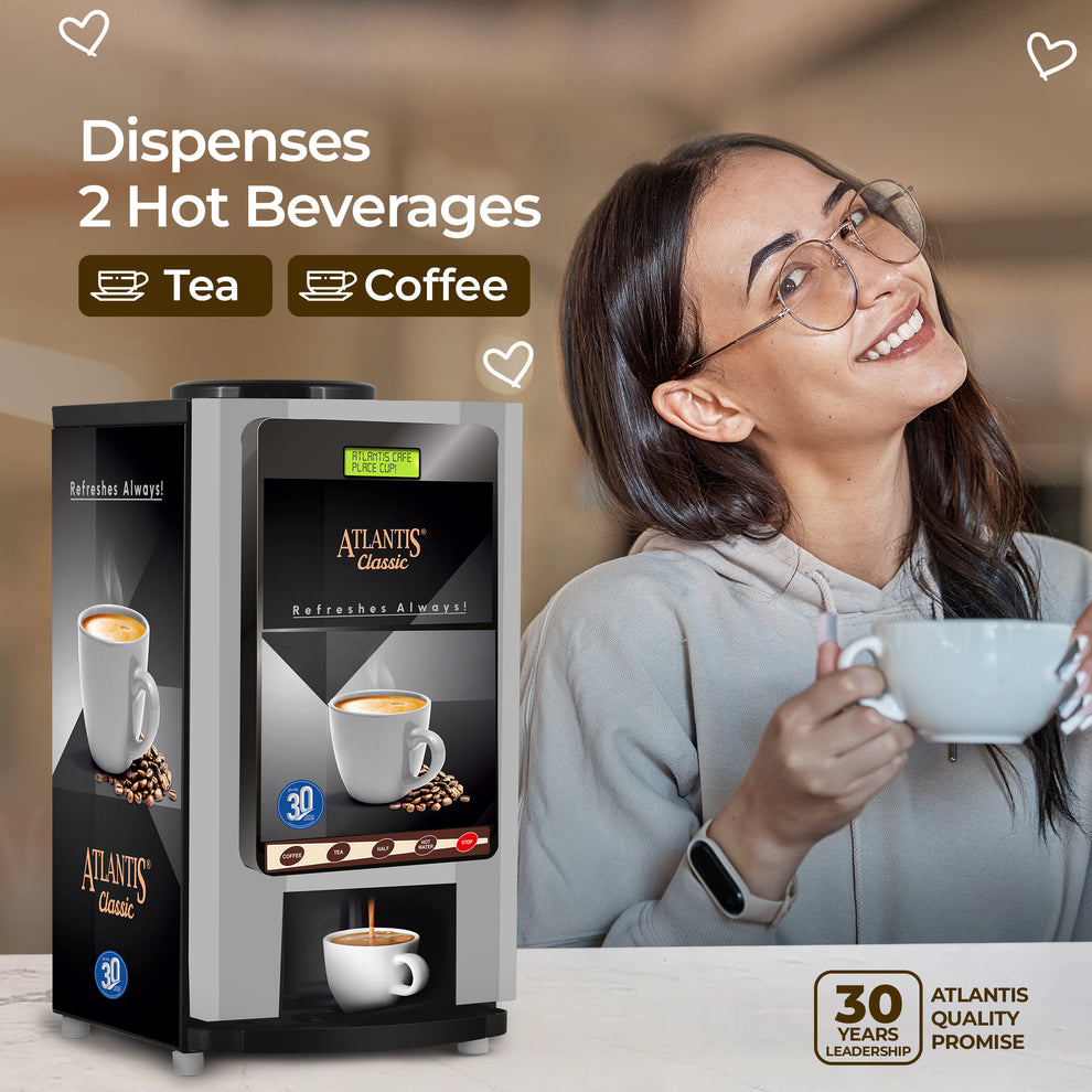 Atlantis Classic 2-lane tea and coffee vending machine dispenses two hot beverages with woman enjoying a cup
