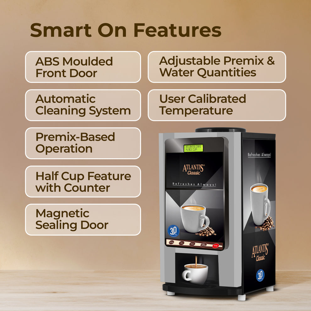 Atlantis Classic 2-lane tea and coffee vending machine by COFFEE WALLA with smart features and premix operation
