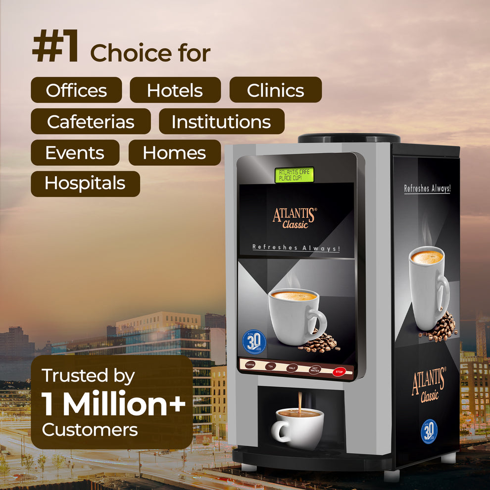 Atlantis Classic 2-lane tea and coffee vending machine by COFFEE WALLA with dual dispensing for offices and hotels