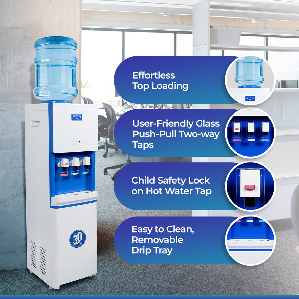 Atlantis Big Plus water dispenser for offices with top loading, two-way taps, child safety lock, and removable drip tray