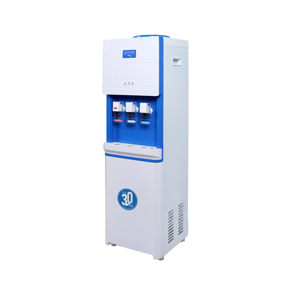 Atlantis Big Plus water dispenser for offices in white and blue with three taps and 30 liter capacity