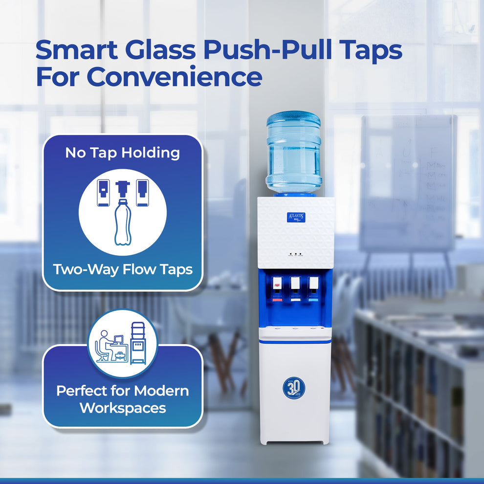 Atlantis Big Plus water dispenser for offices with smart glass push-pull taps and modern workspace design