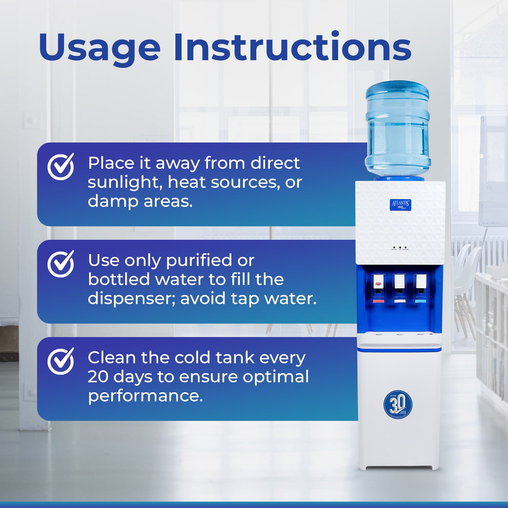 Atlantis Big Plus water dispenser for offices with usage instructions and water bottle on top