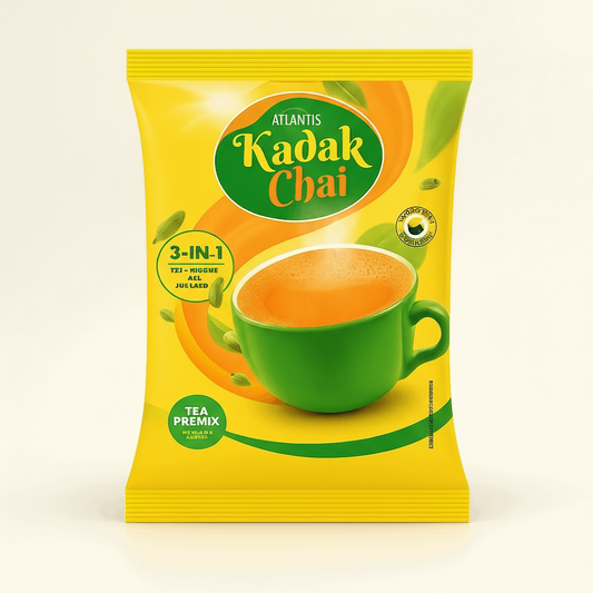 Buy kadak tea 3-in-1 tea premix online in yellow pack with green cup of hot tea by Tea coffee vending service