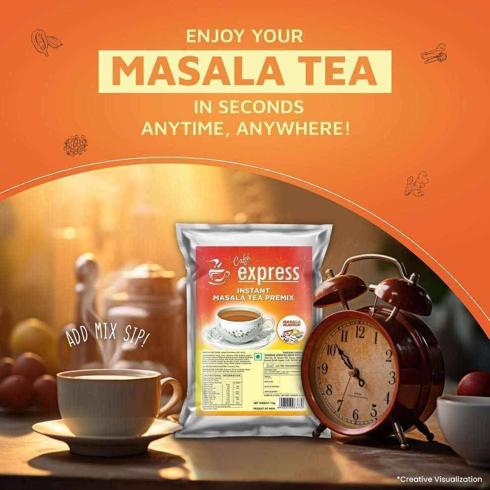 Atlantis Cafe express masala tea online instant premix packet with cup of tea and vintage alarm clock