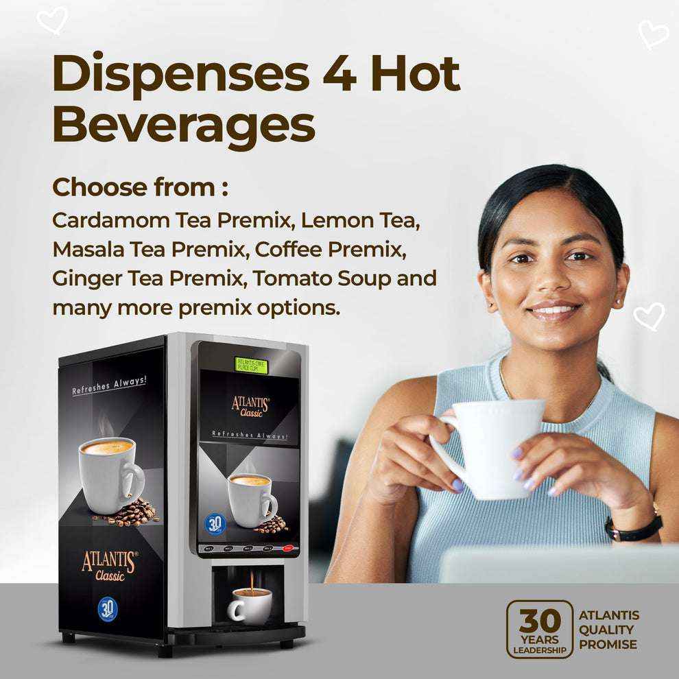 Atlantis Classic 4 lane tea and coffee vending machine dispensing hot beverages with woman holding white cup