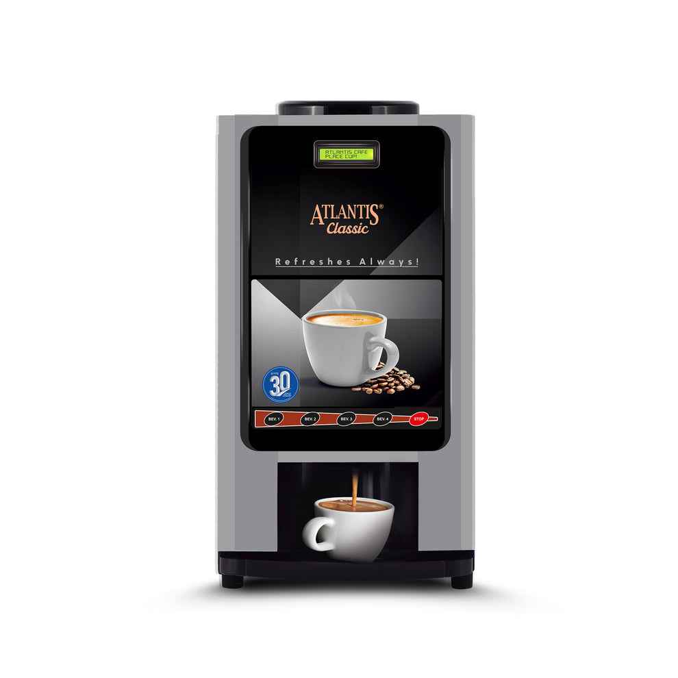 Atlantis Classic 4 lane coffee vending machine dispensing fresh coffee with cup and coffee beans