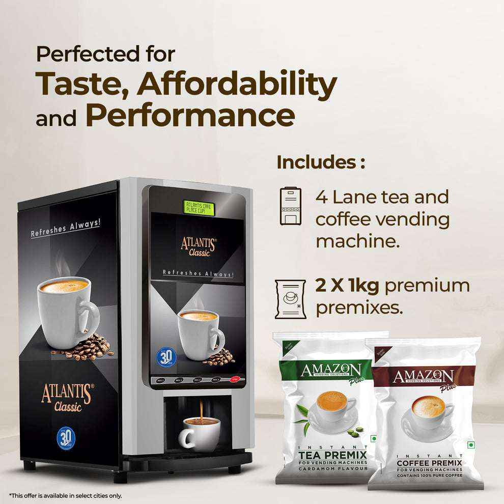 Atlantis Classic 4 lane tea and coffee vending machine with premium 2 x 1kg Amazon premixes