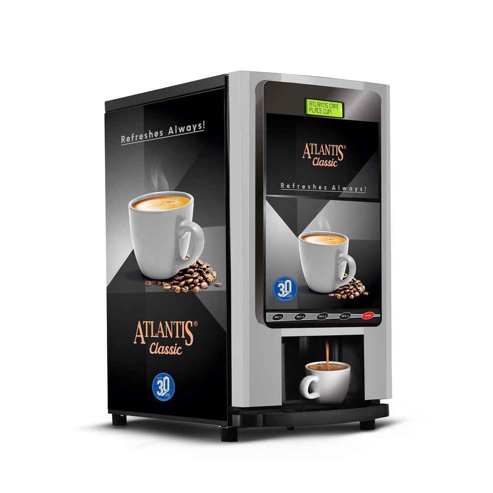 Atlantis Classic 4 lane coffee vending machine dispensing hot coffee with coffee cup and beans design