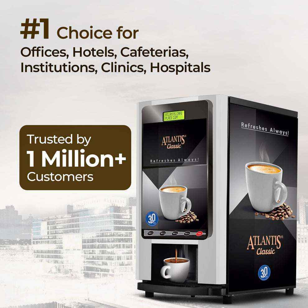 Atlantis Classic 4 lane tea coffee vending machine with black and silver design for offices and hotels