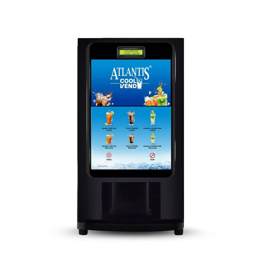Black Atlantis coffee machine by COFFEE WALLA with digital display and beverage selection screen