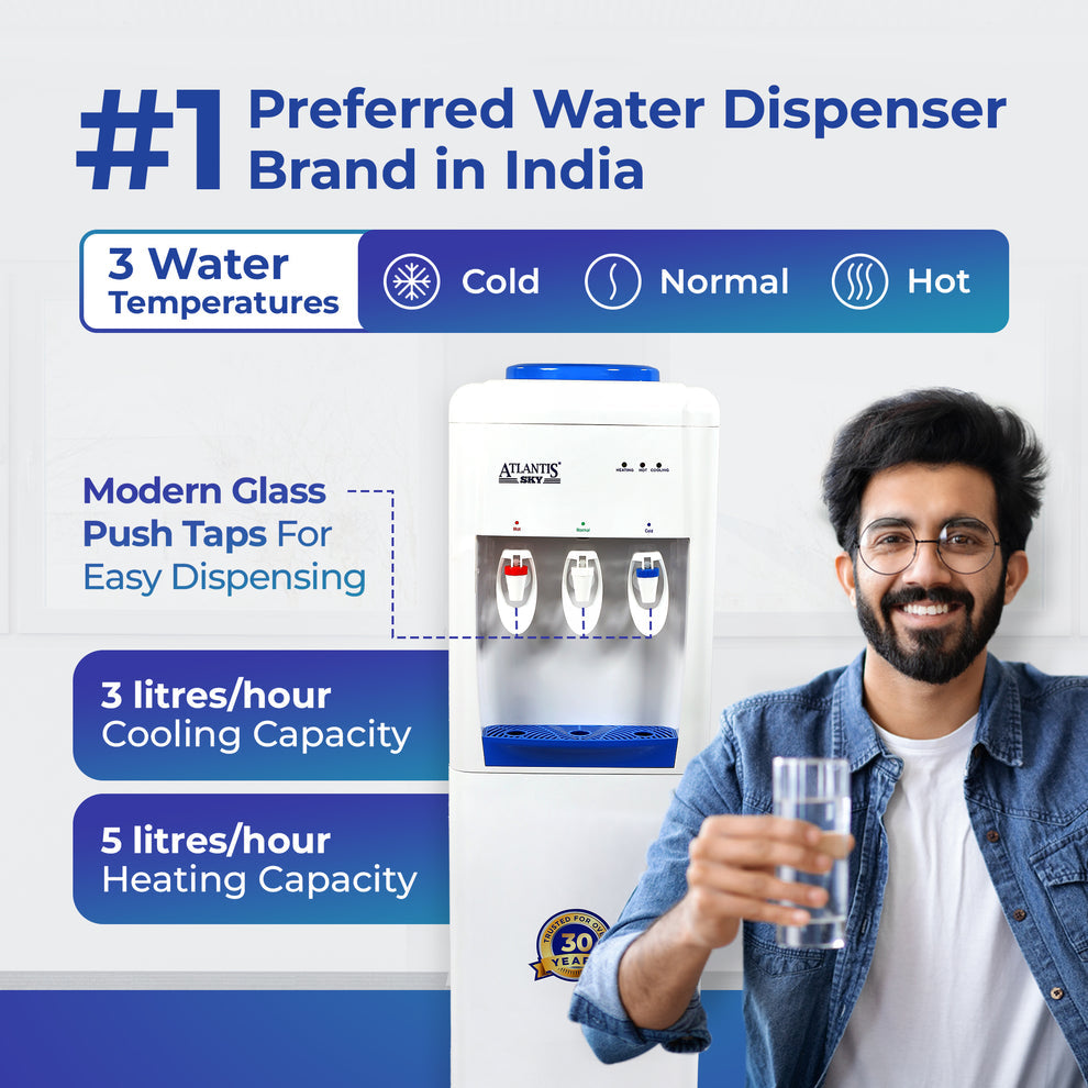 Atlantis coffee machine Ranchi water dispenser with three temperature settings and modern glass push taps