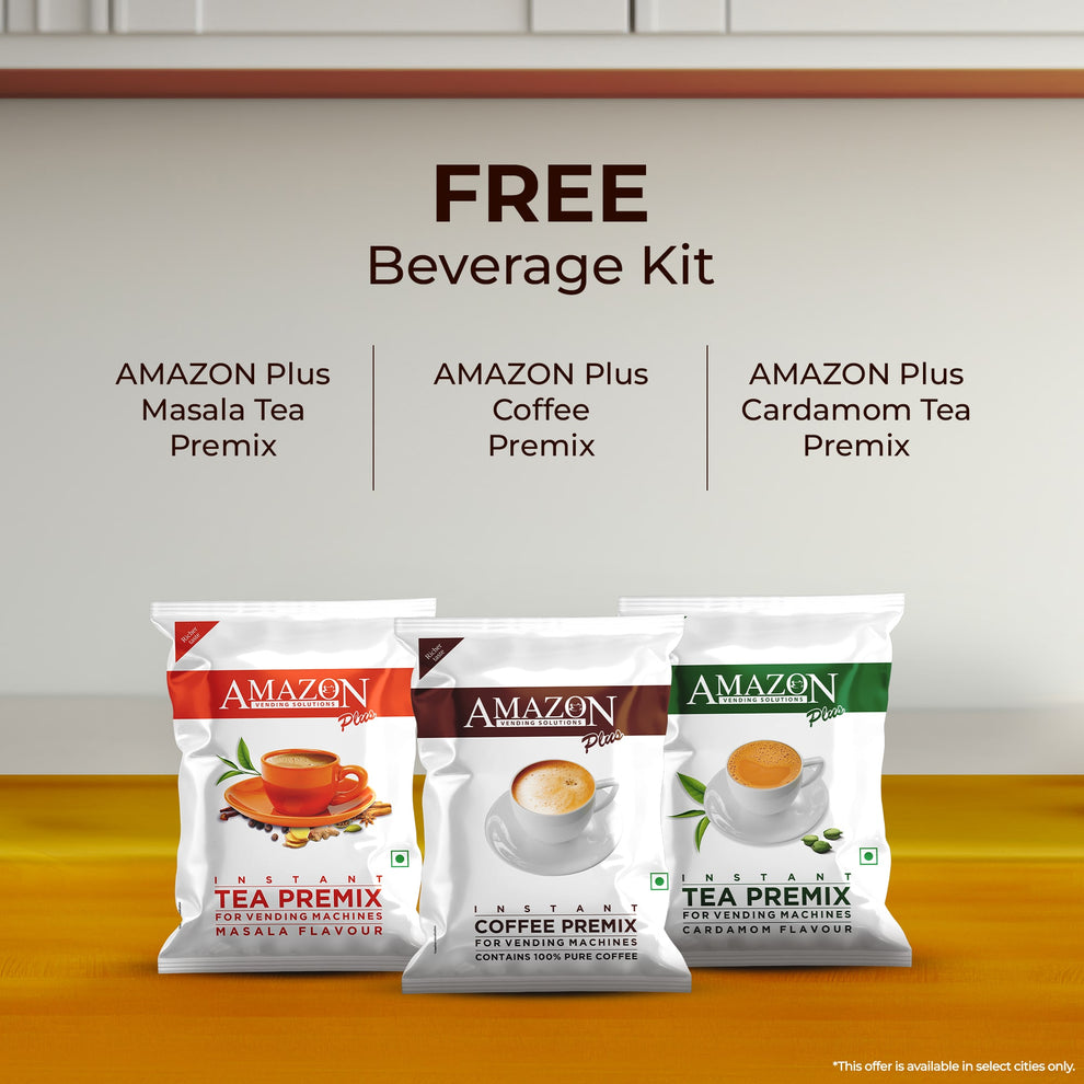 Free beverage kit including Amazon Plus Masala Tea Premix, Coffee Premix, and Cardamom Tea Premix by Coffee Walla