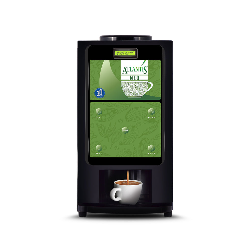 COFFEE WALLA Atlantis 3 lane coffee machine brewing coffee into white cup with green display panel