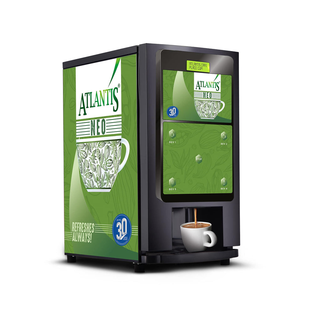 COFFEE WALLA Atlantis 3 lane coffee machine with green design dispensing coffee into white cup
