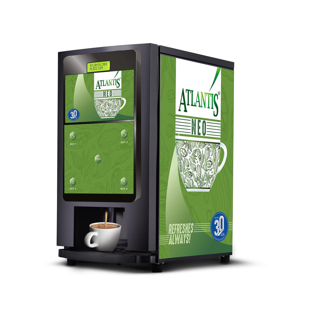 COFFEE WALLA Atlantis 3 lane coffee machine dispensing hot coffee with green Atlantis Neo branding