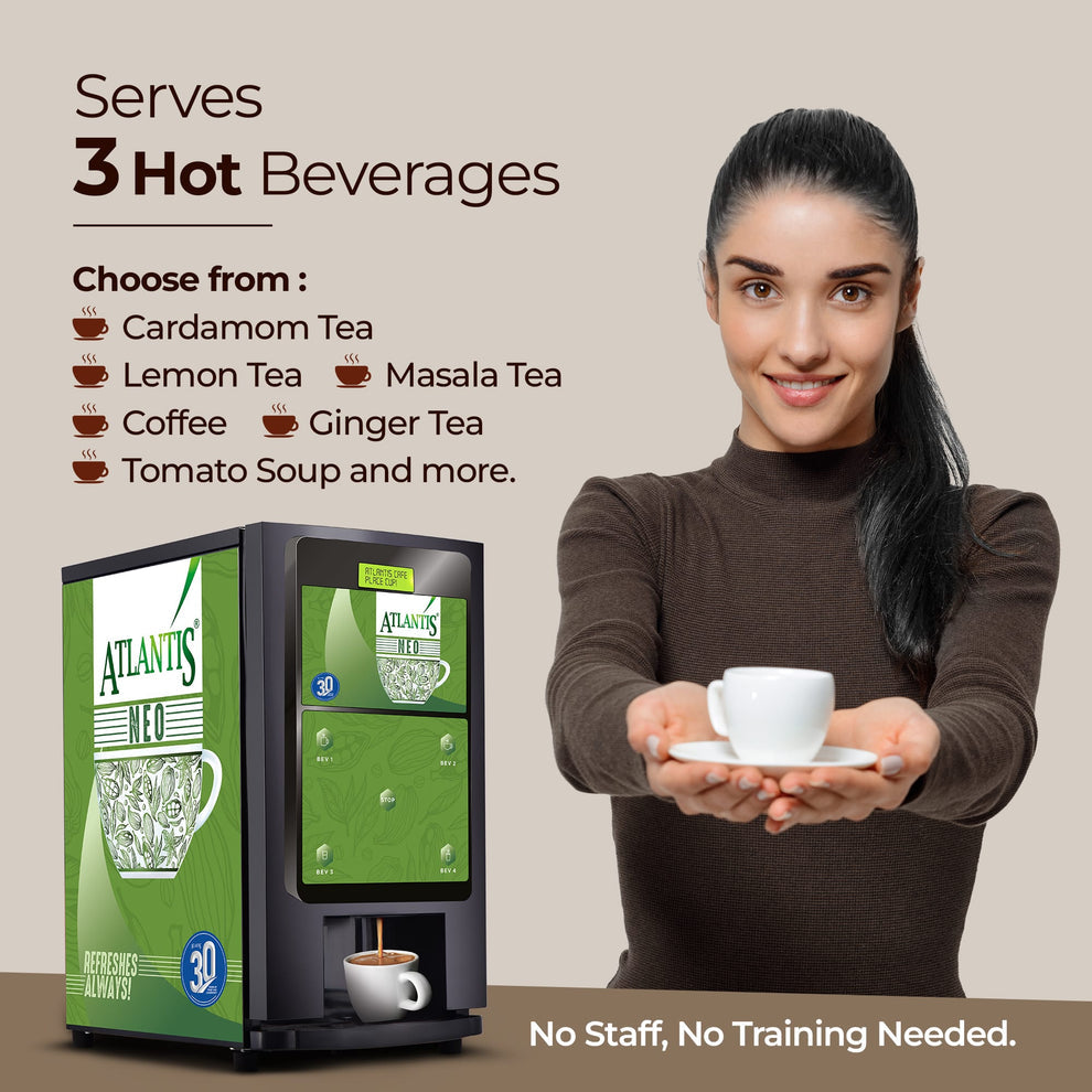 Atlantis 3 lane coffee machine by COFFEE WALLA serving three hot beverages with a woman holding a white coffee cup
