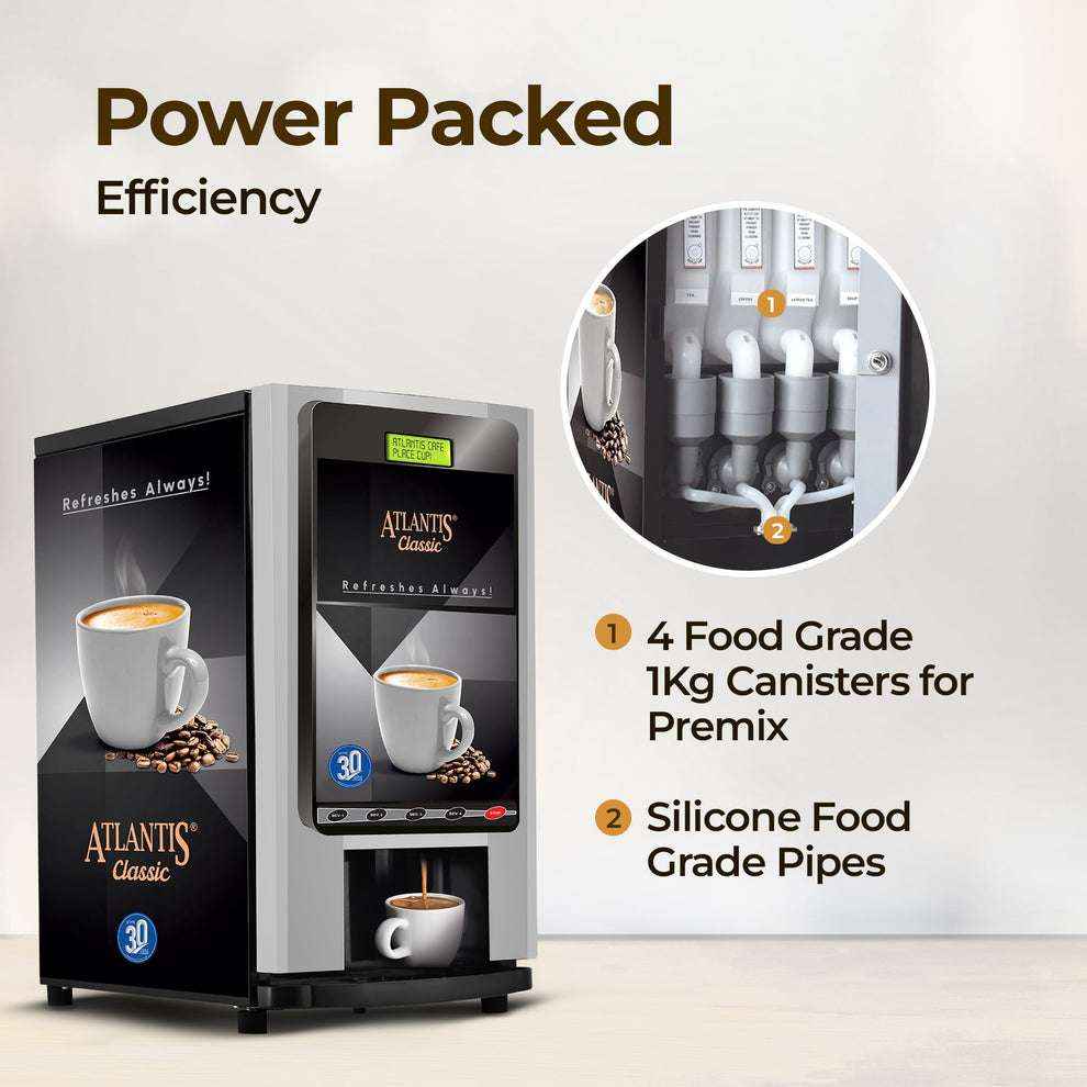 Atlantis Classic 4 lane coffee vending machine with 4 food grade canisters and silicone food grade pipes