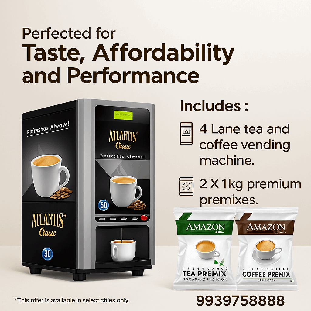 Atlantis Classic 4 lane tea and coffee vending machine with two premium premix bags for taste and affordability