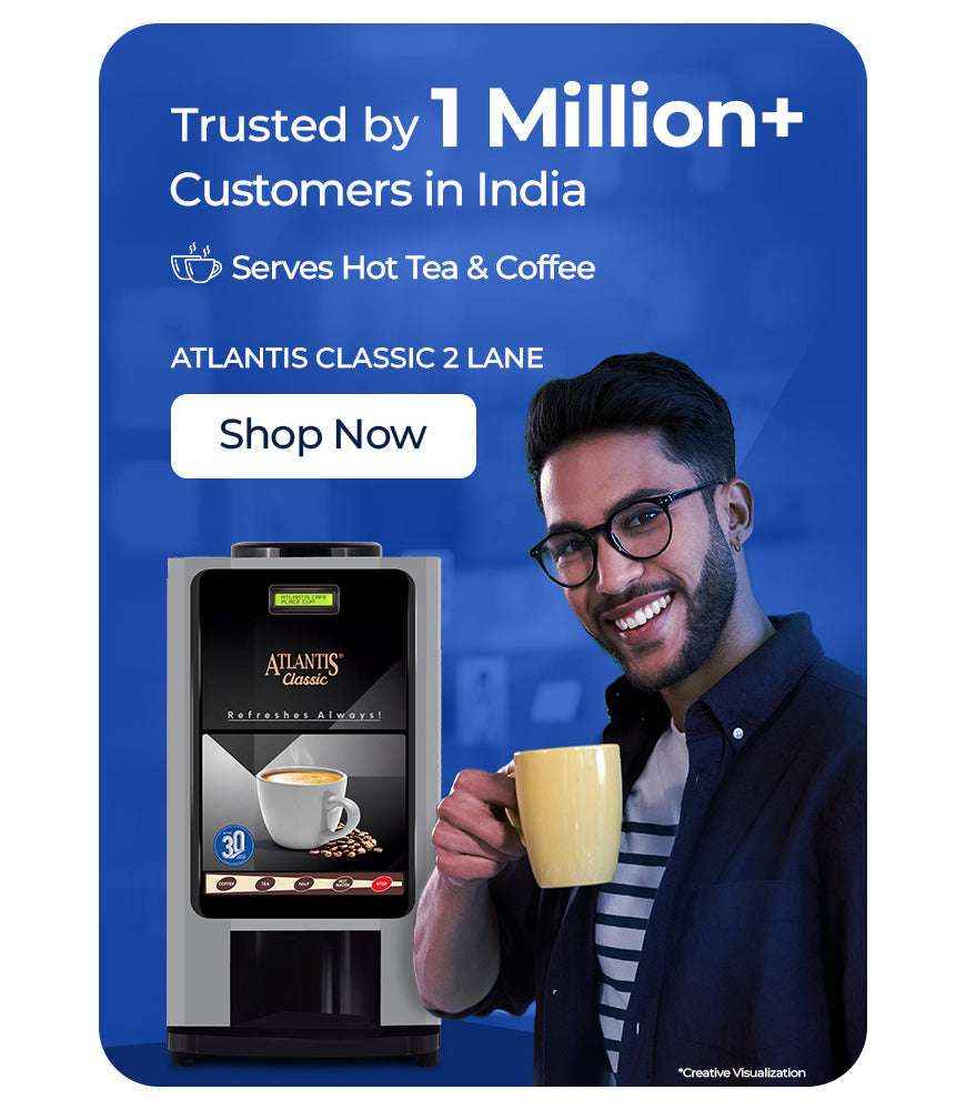 Tea coffee vending service advertisement featuring a man holding a cup next to an Atlantis Classic 4 lane coffee machine