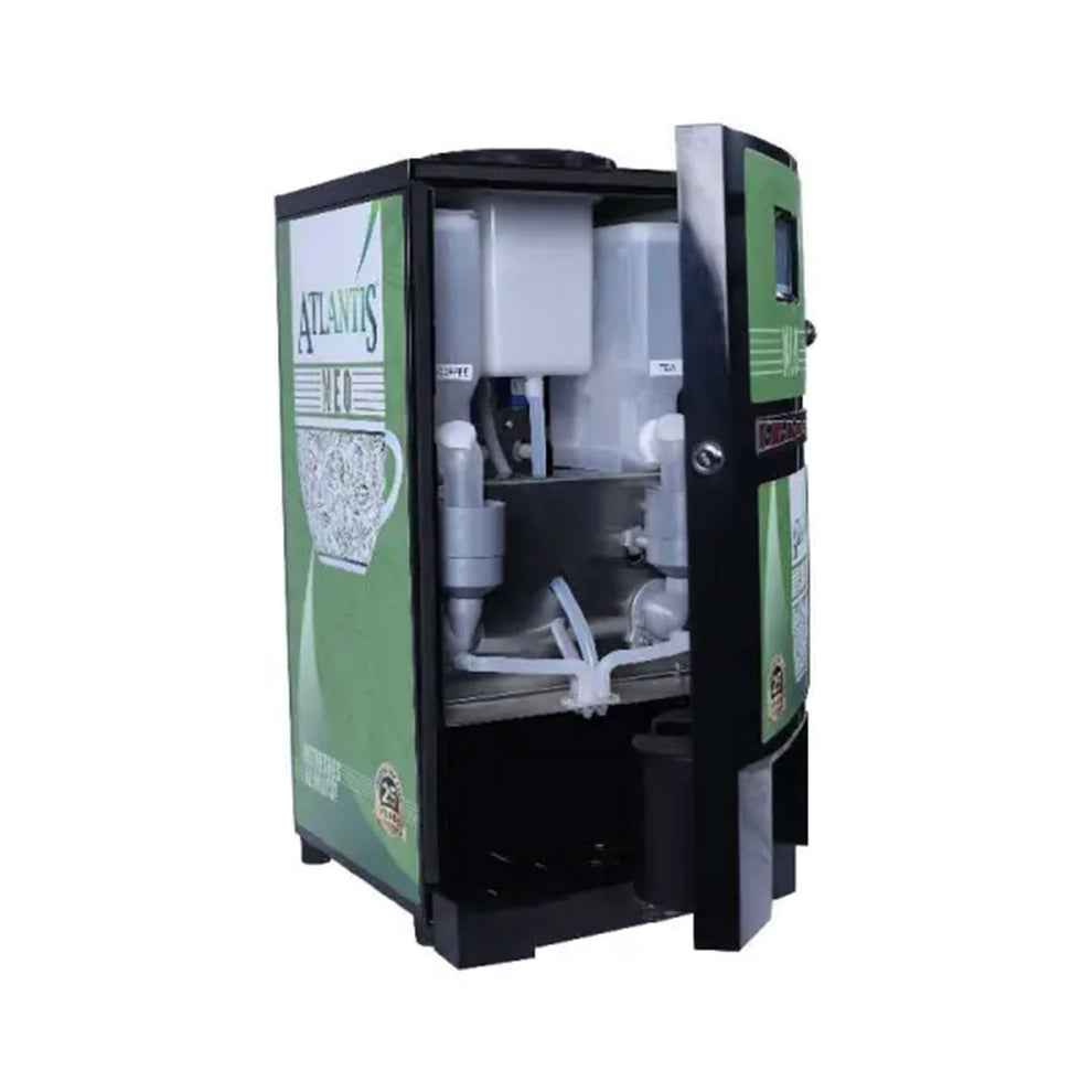 Atlantis coin operated coffee vending machine 2 lane in green with open door showing internal components