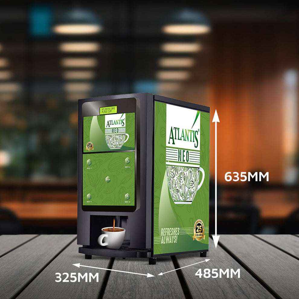 Atlantis coin operated coffee vending machine 2 lane with green design and dimensions displayed