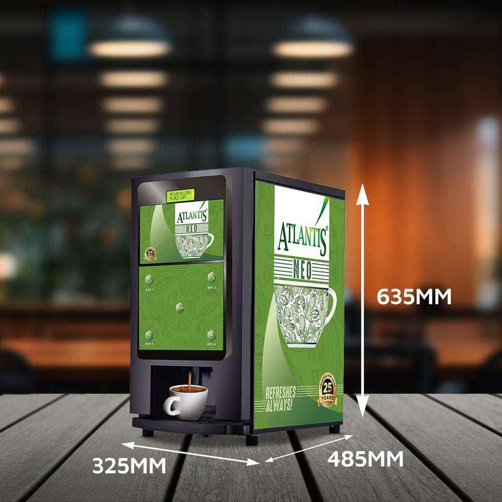 Atlantis coin operated coffee vending machine 2 lane black and green compact with cup dispenser and dimensions