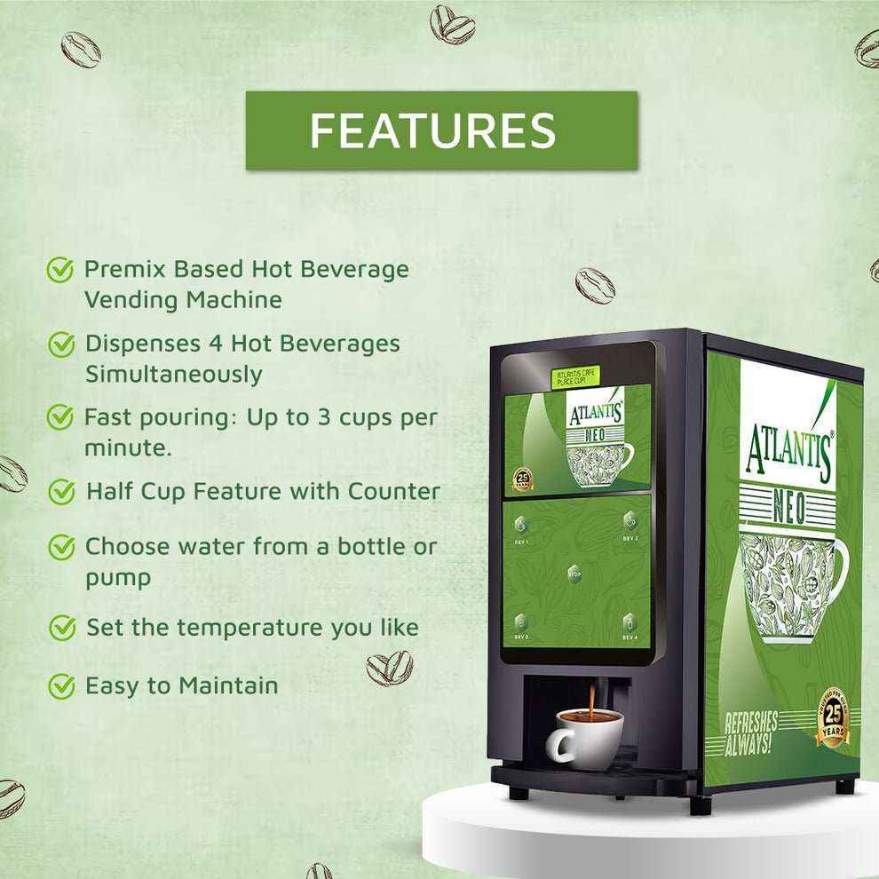 Atlantis coin operated coffee vending machine 2 lane with premix hot beverage dispensing and temperature control