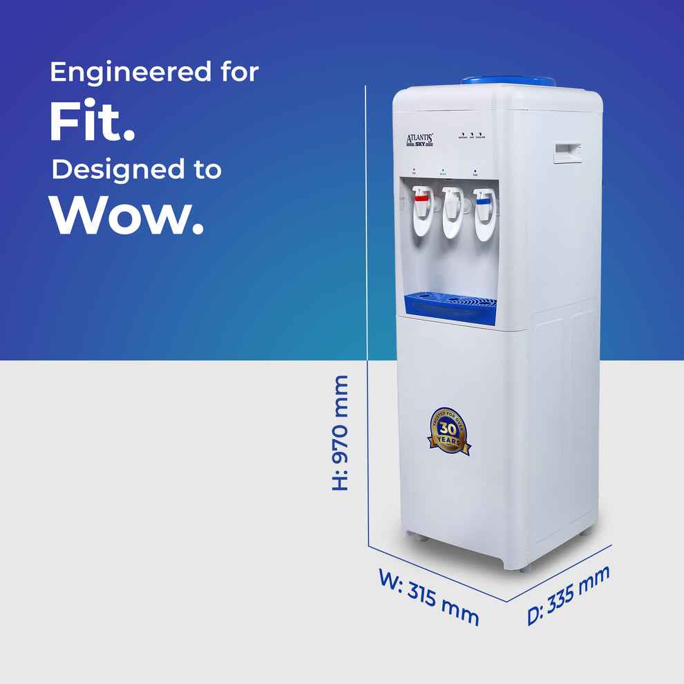 Atlantis floor standing water dispenser in white with hot cold and normal water taps and dimensions