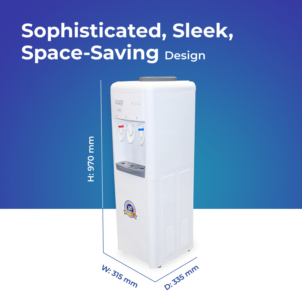 ATLANTIS FROSTY PLUS water cooler white sleek space-saving design with height and width dimensions